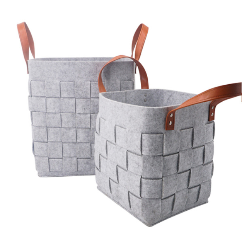 Handmade Woven Felt Two Set of Large Medium size Hamper laundry Toy Storage Basket with PU Handle